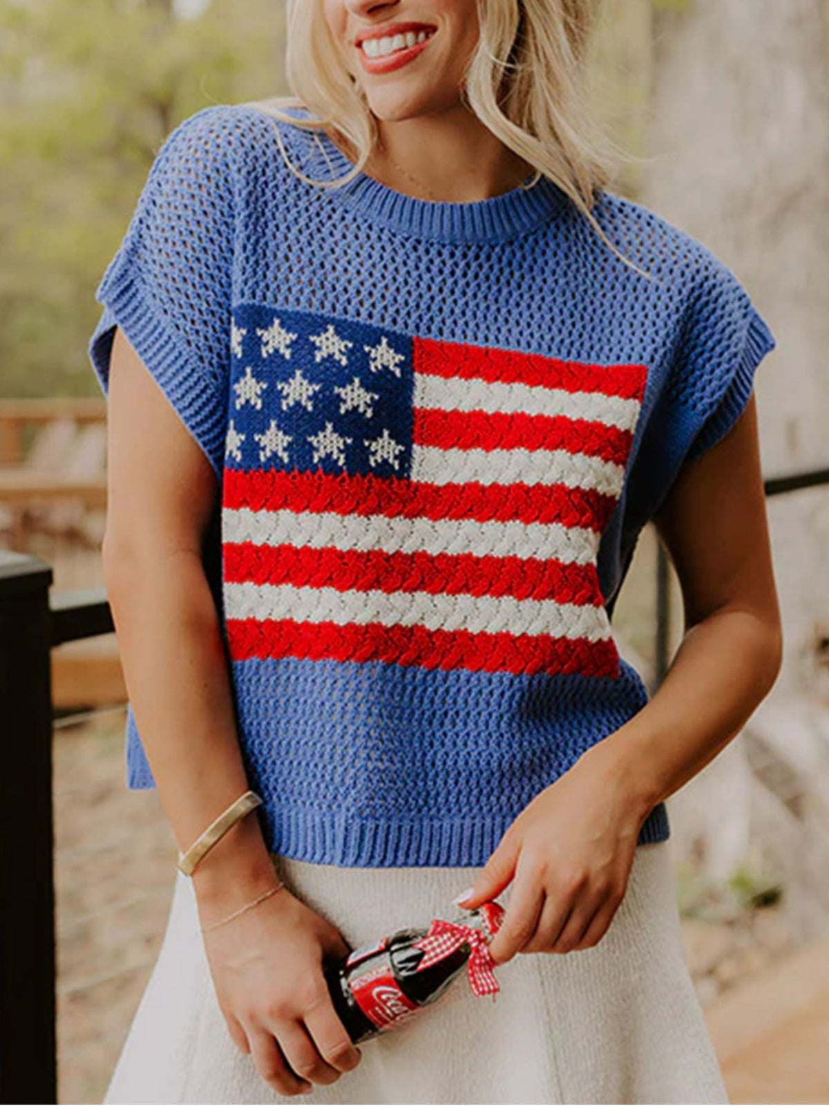 Flag graphic short sleeve sweater top dusty blue front view