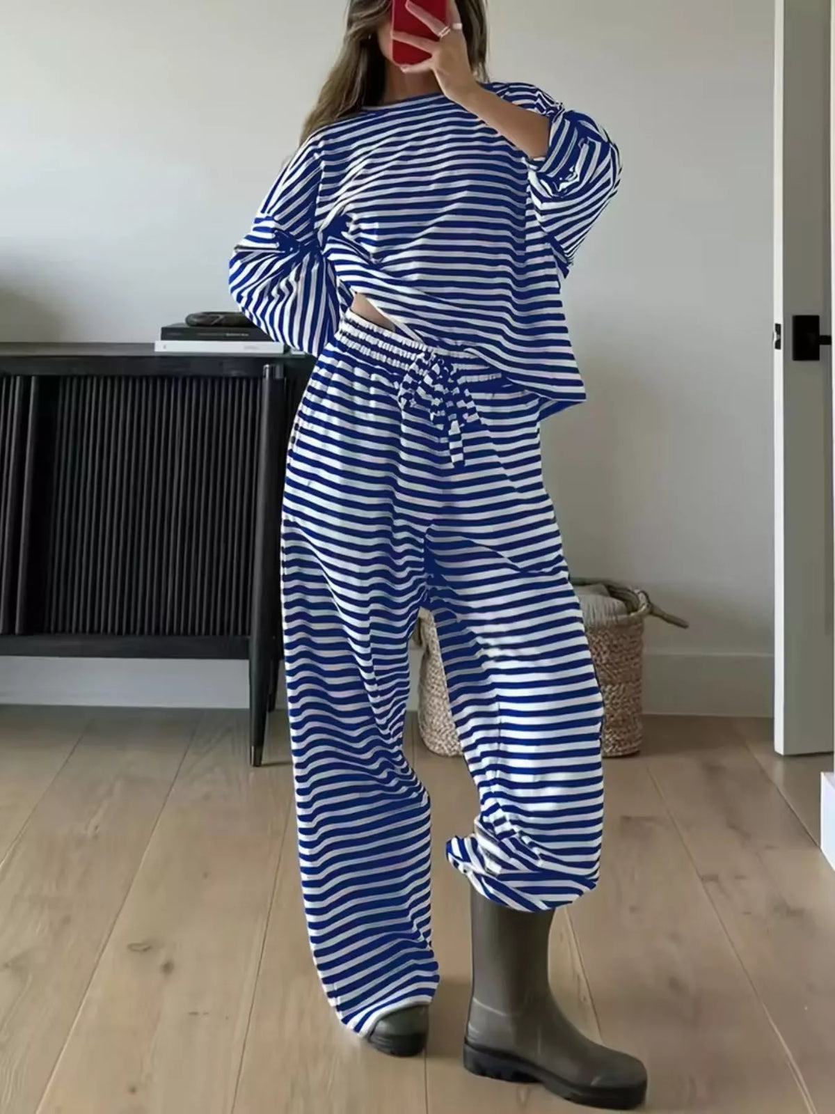 Striped two piece lounge set full look