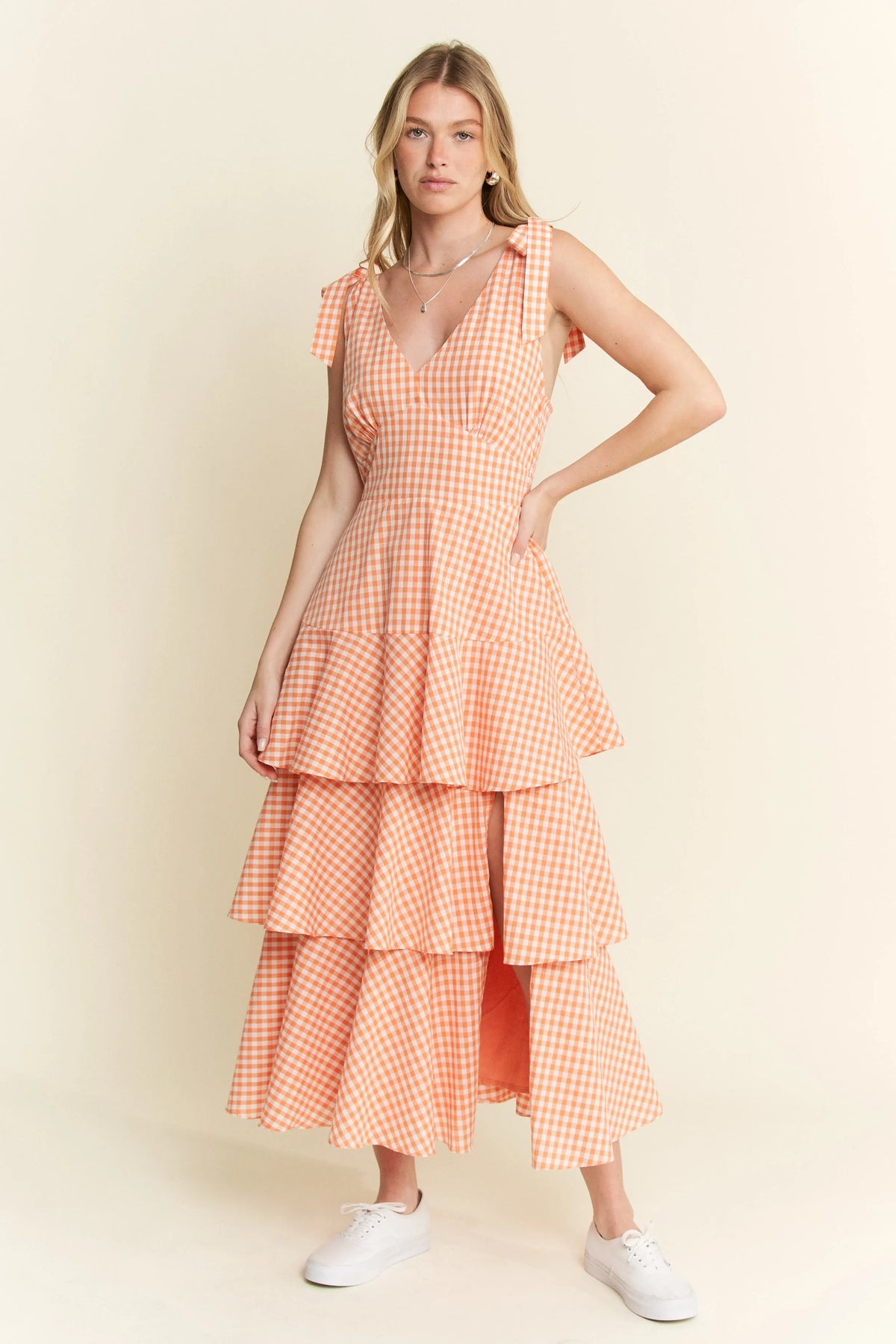 Sleeveless Gingham Print Tiered Midi Dress view 15