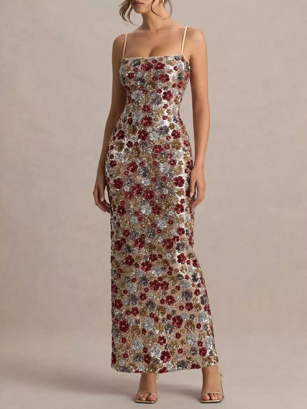 floral sequin bodycon maxi dress in multicolor side view