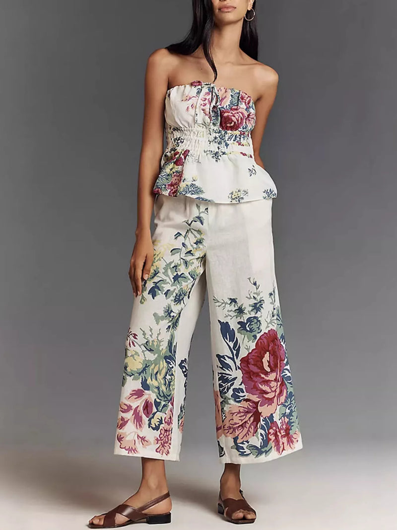 Floral strapless top and wide leg pants set front view