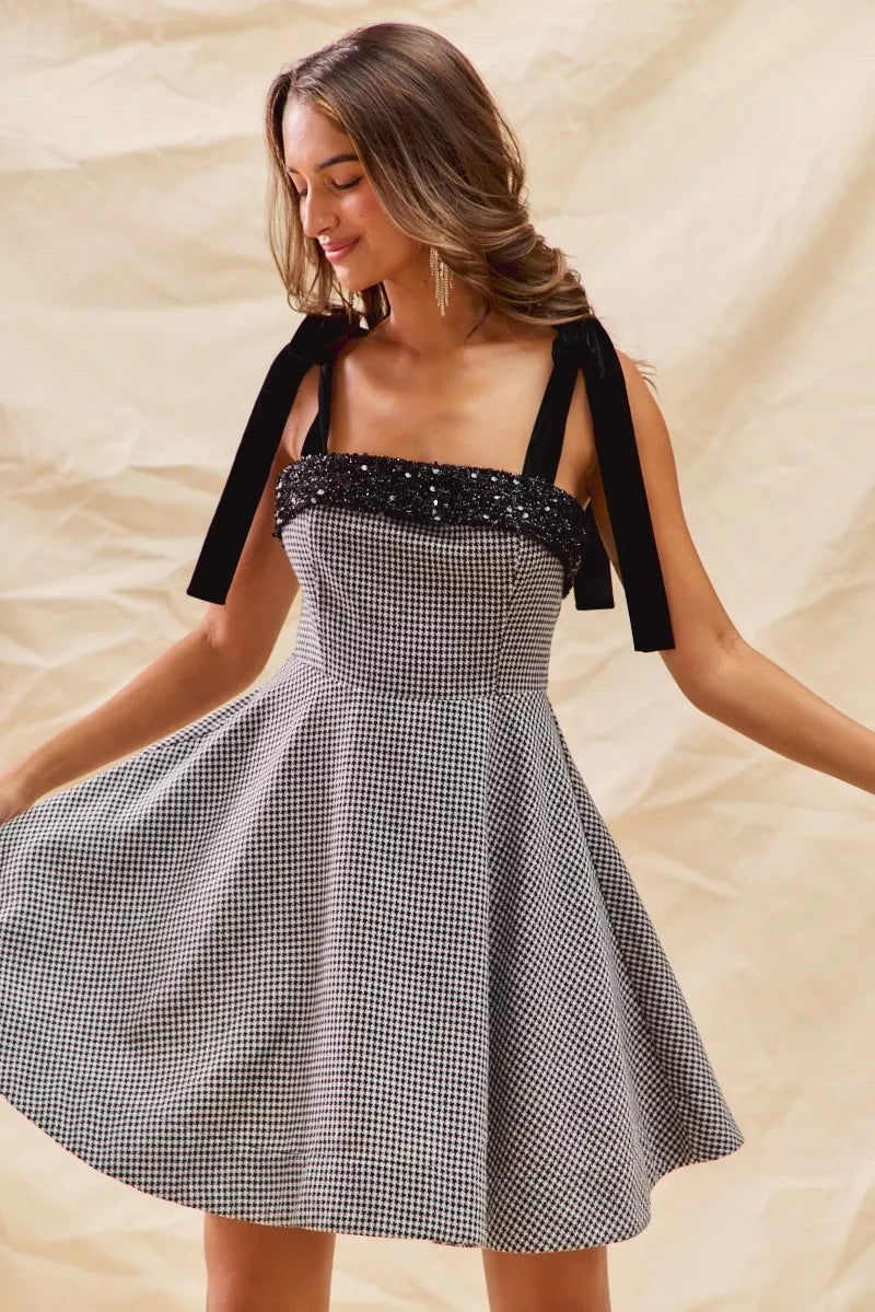 Houndstooth Fit and Flare Mini Dress in Black on model