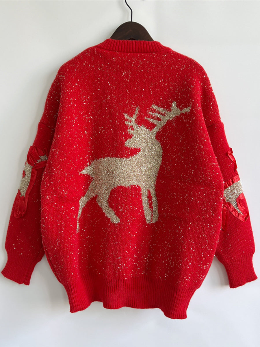 Reindeer Round Neck Long Sleeve Sweater - Fashorio