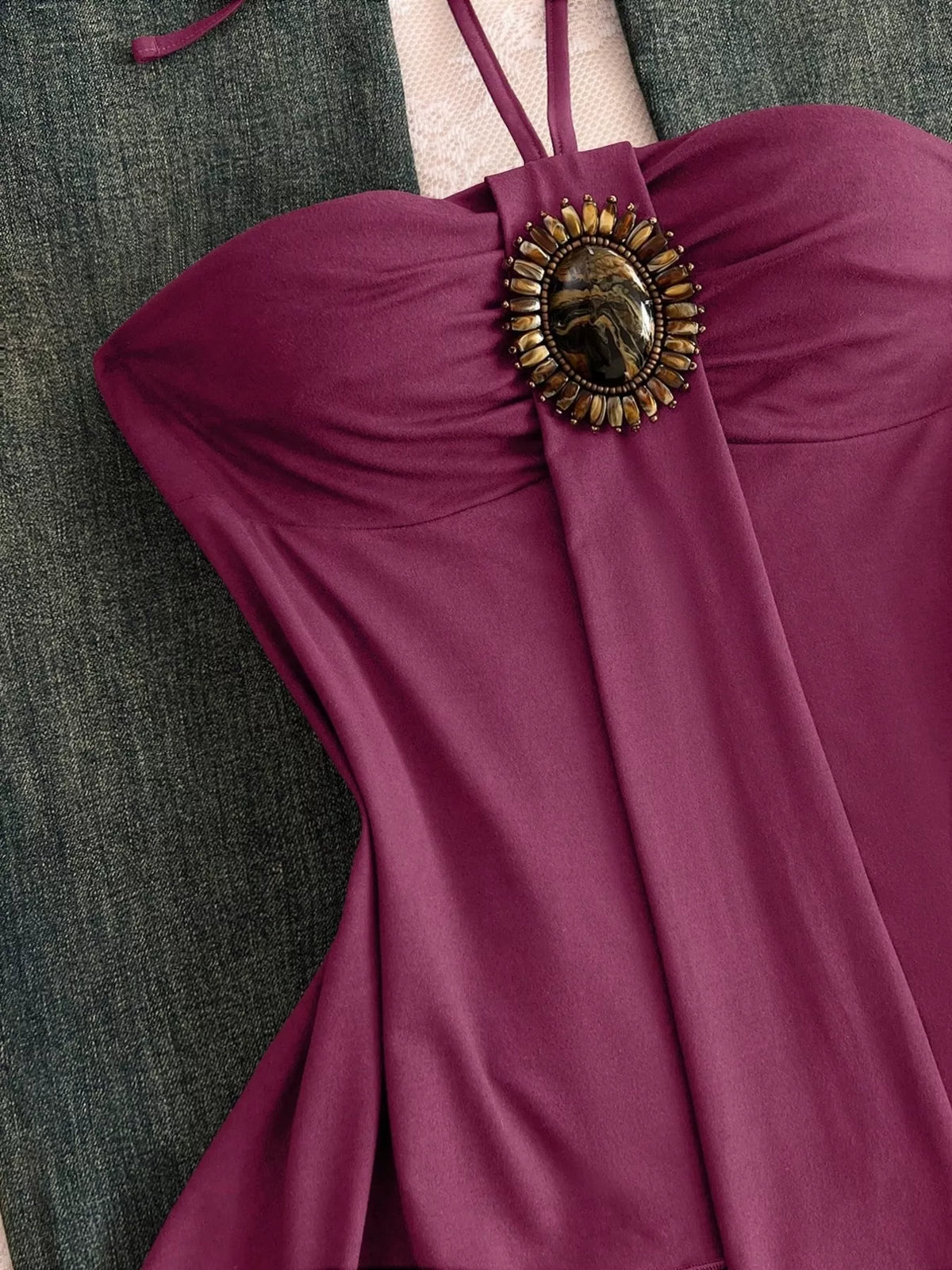 Full length styling shot of the embellished halter cami