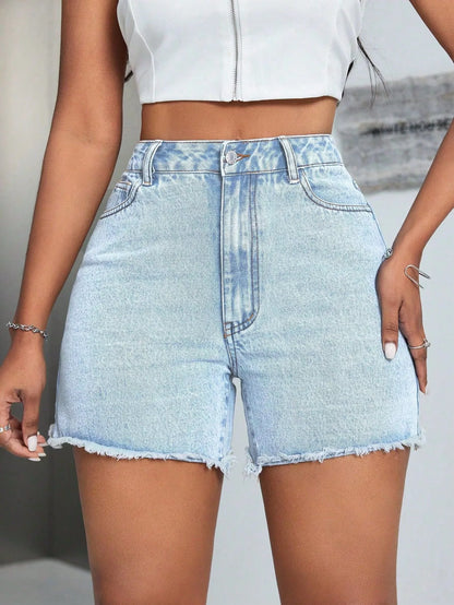 High-Waisted Raw Hem Denim Shorts - Fashorio