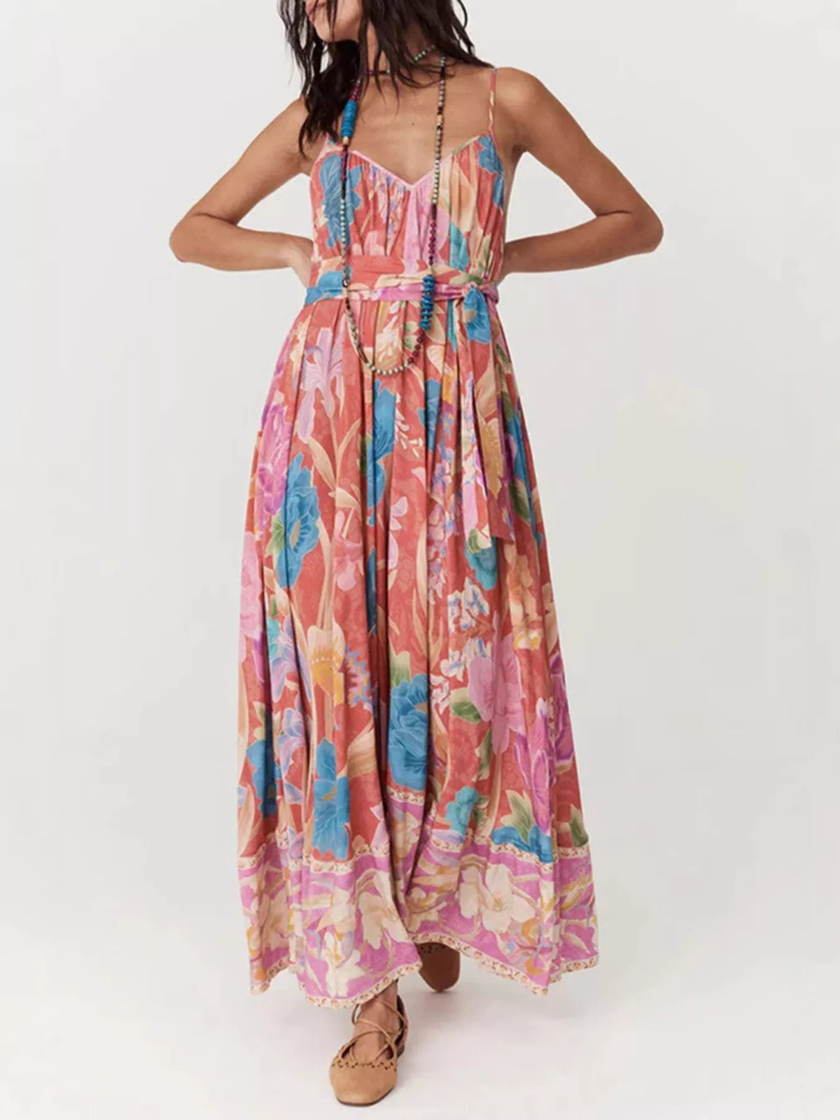 Floral Print Spaghetti Strap Maxi Dress front view