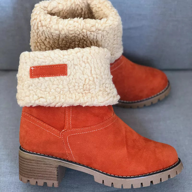 Suede round toe block heel boots full length view