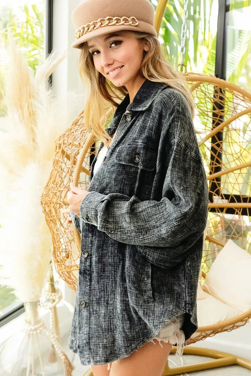 BiBi Vintage Washed Wrinkle Gauze Shacket - Fashorio