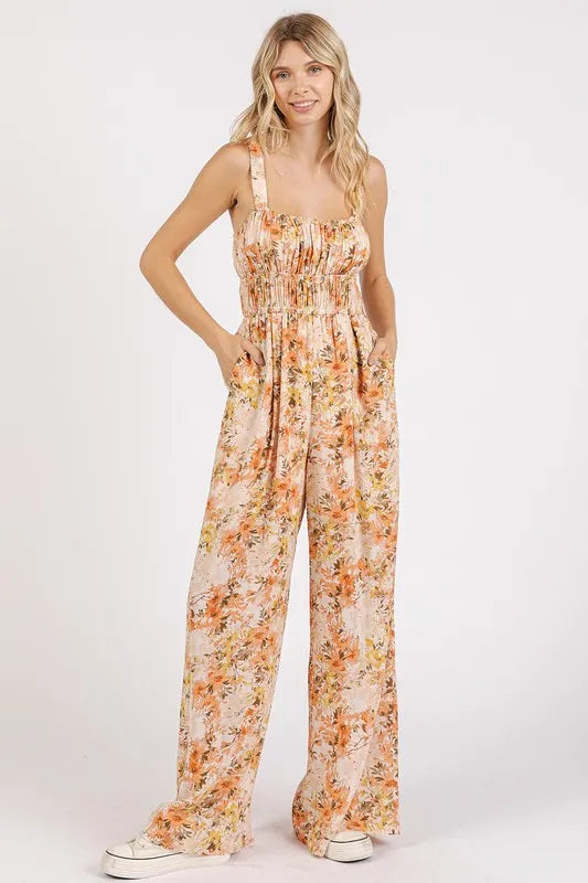 Ginger floral jumpsuit bow tie detail