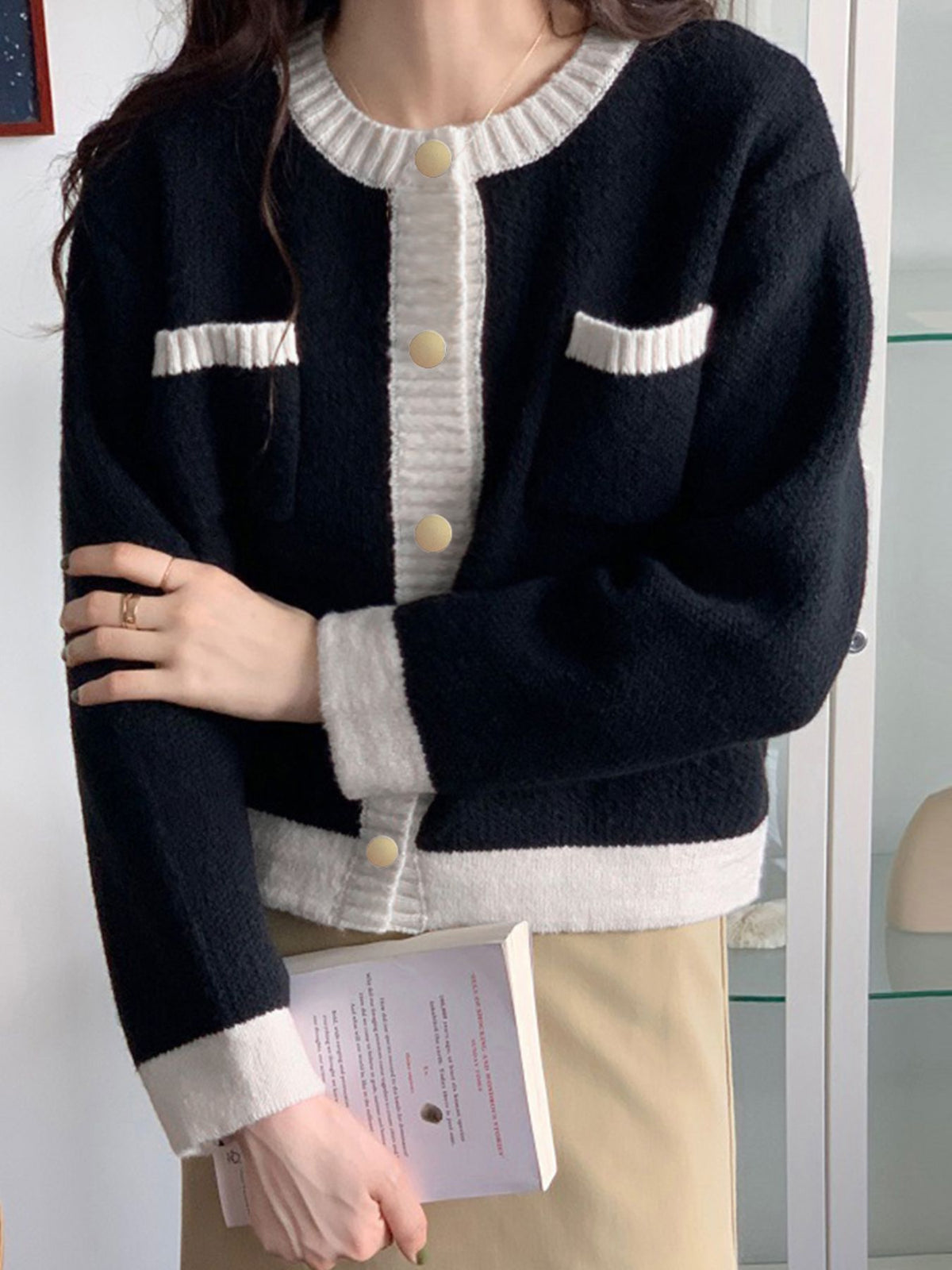 Contrast trim cardigan side view