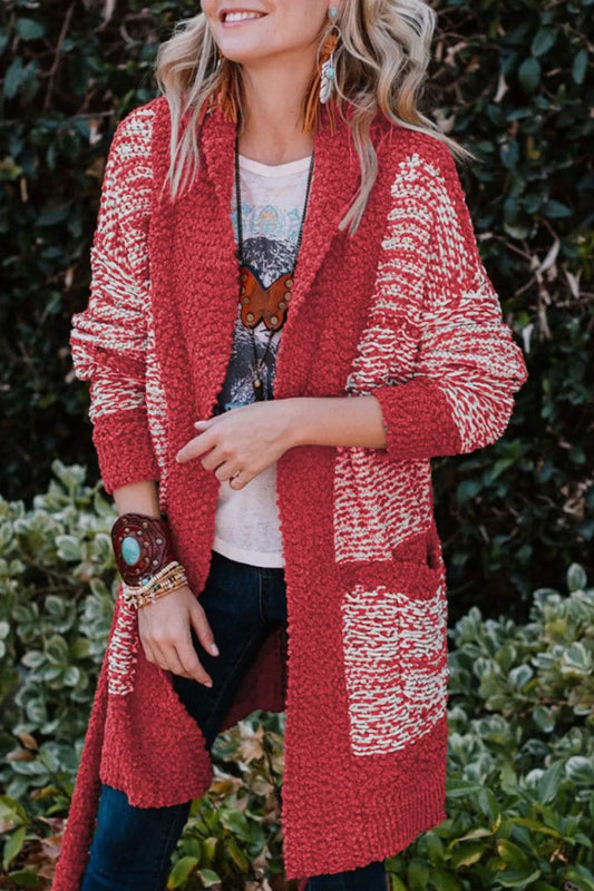 Contrast Trim Open Front Longline Cardigan Deep Red - Fashorio