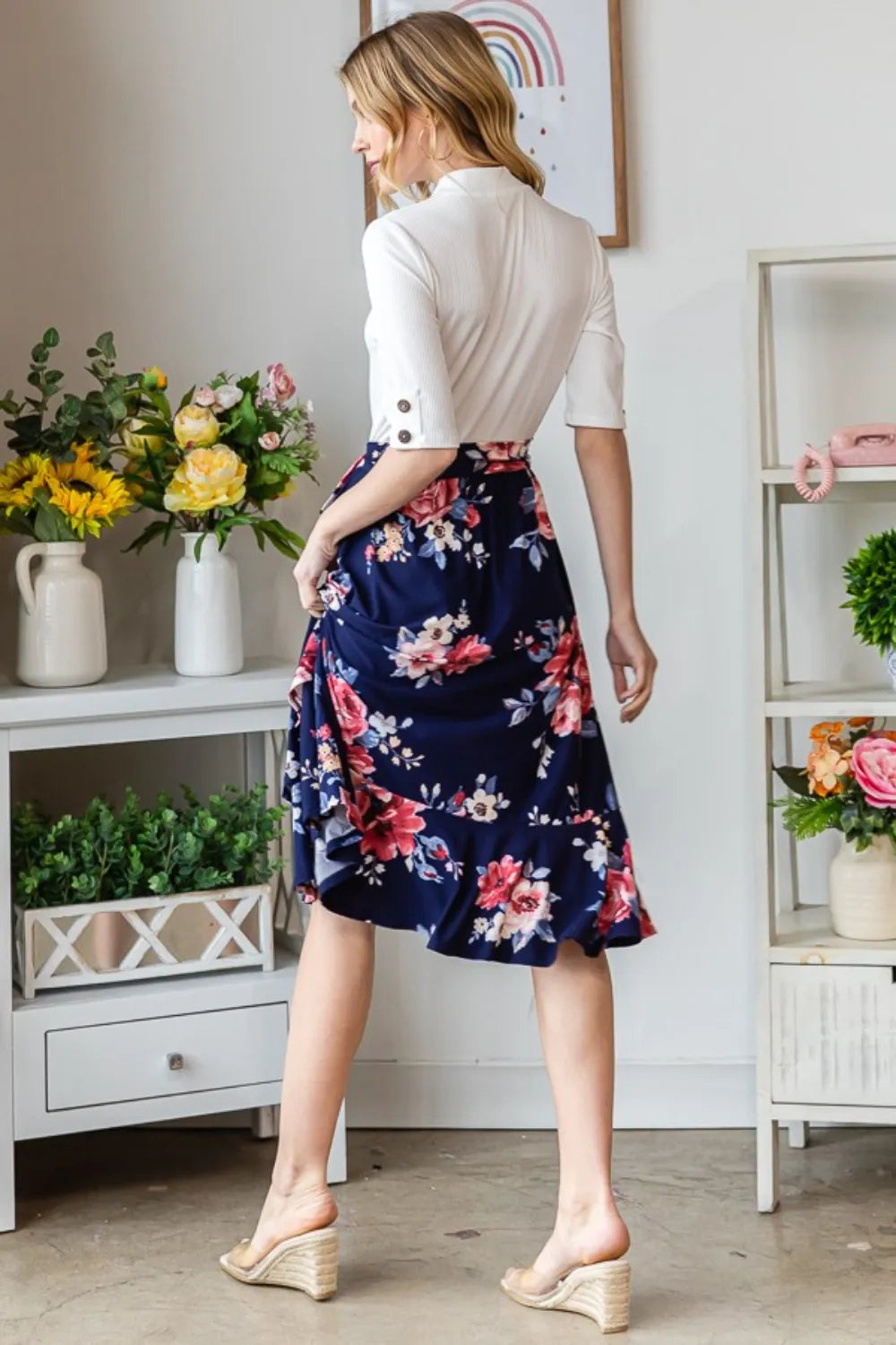 Floral Wrap Ruffle Dress in Navy back view