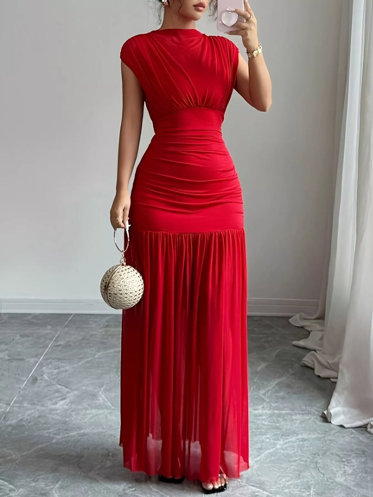 Red ruched cap sleeve maxi dress side view