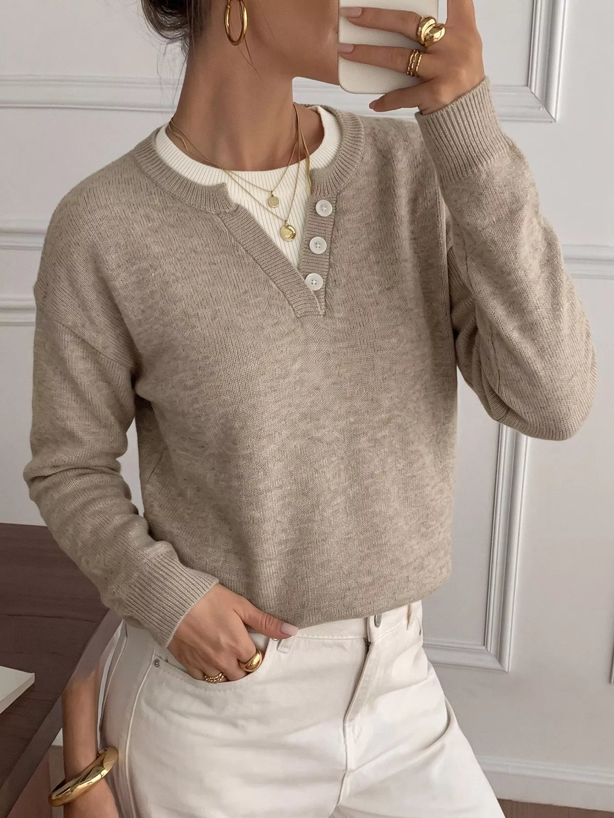 Button Detail Drop Shoulder Long Sleeve Sweater detail