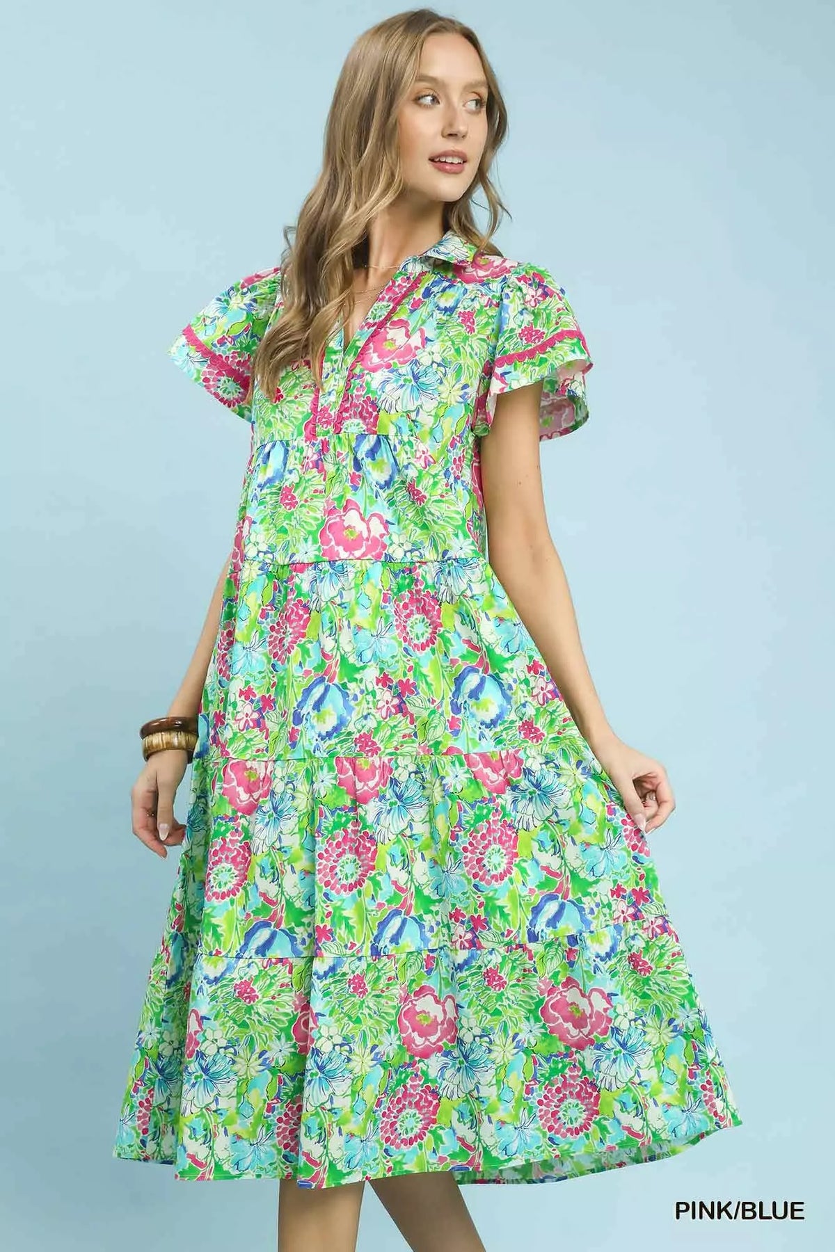 Pink and blue floral tiered midi dress side view