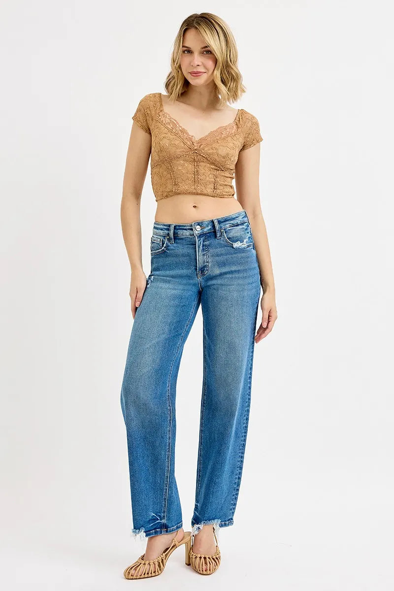 Casual dark wash baggy jeans close up fabric