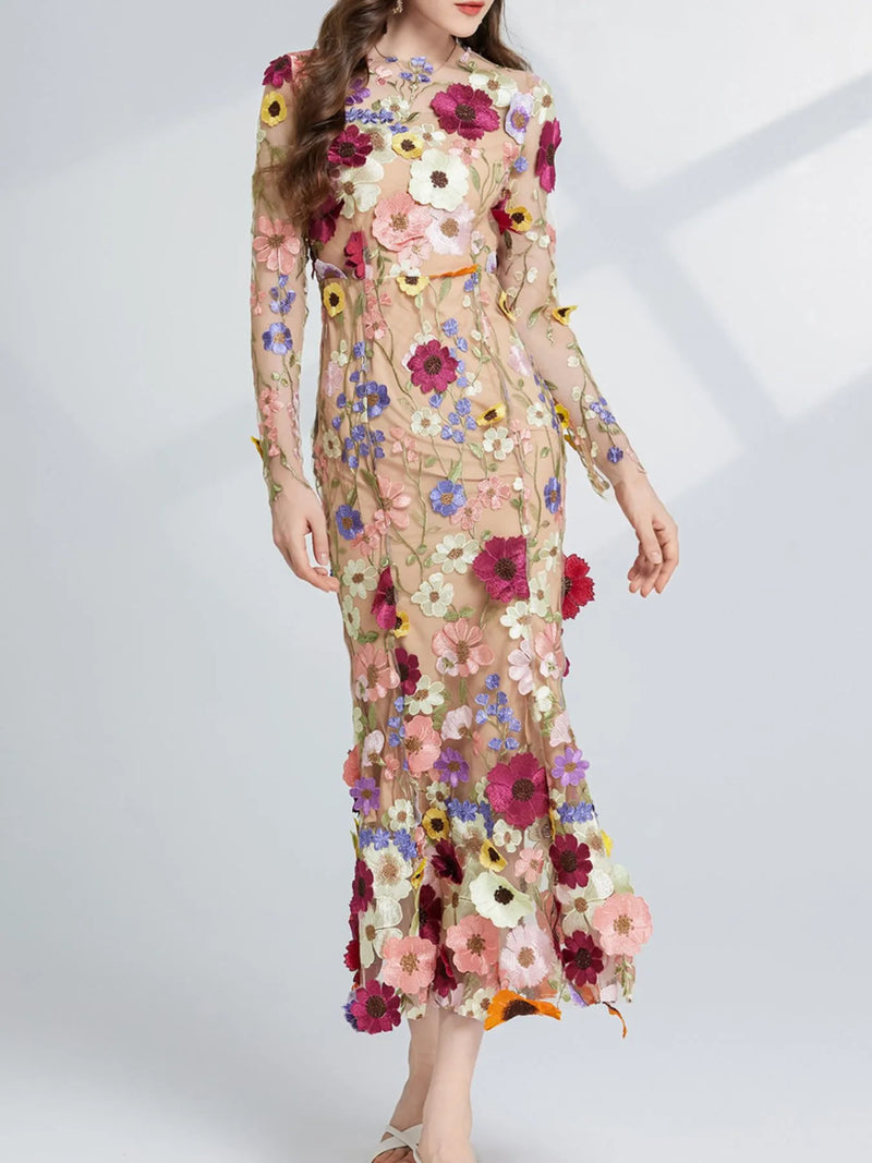 Floral Embroidered Mesh Long Sleeve Midi Dress front view