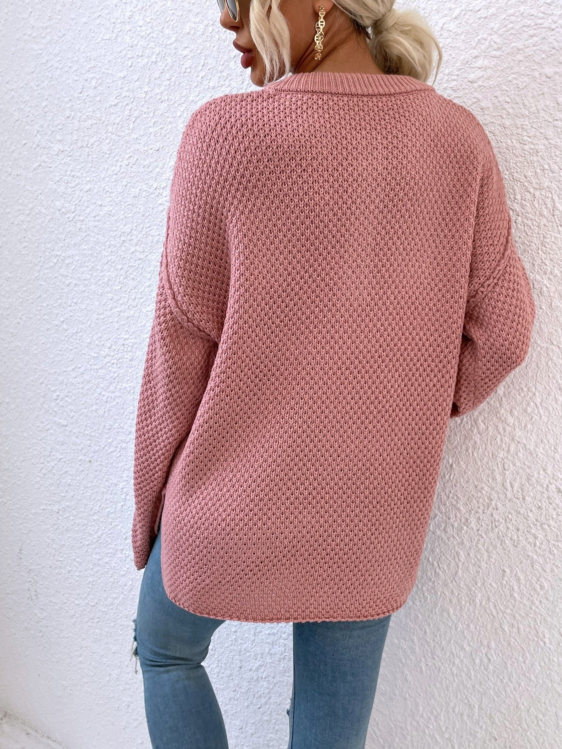 Quarter-Button Slit Sweater - Fashorio