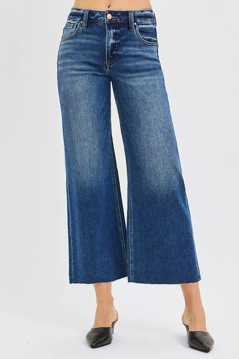 RISEN wide leg cropped jeans side view showing raw hem