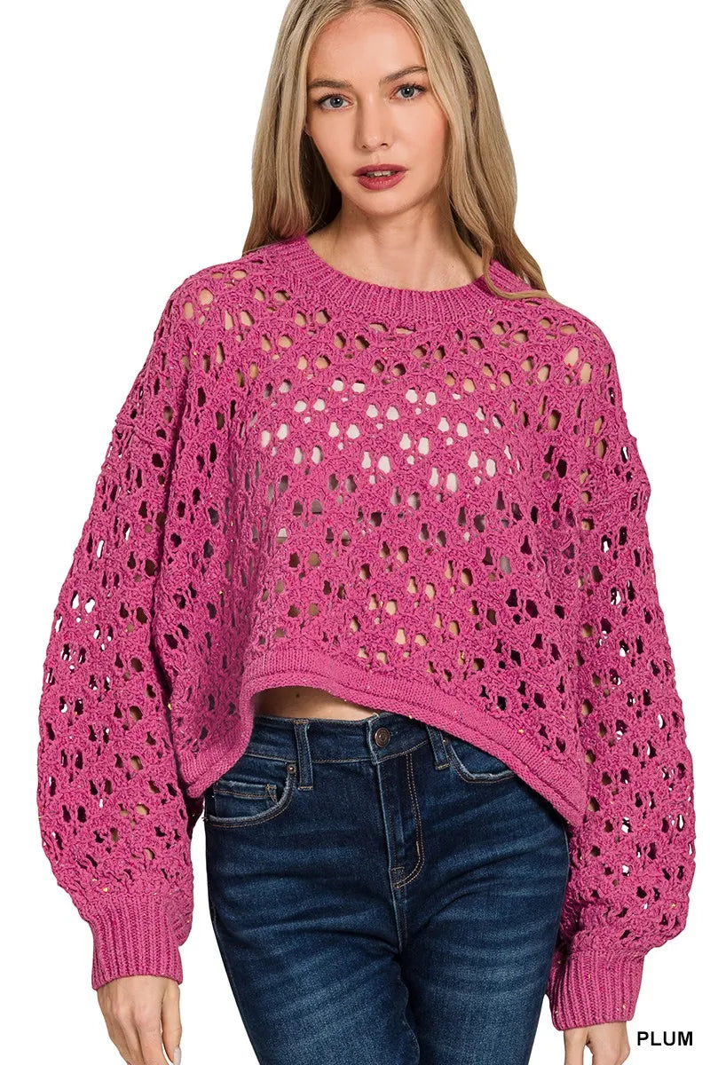 Oversized Cropped Crochet Knit Sweater in Plum
