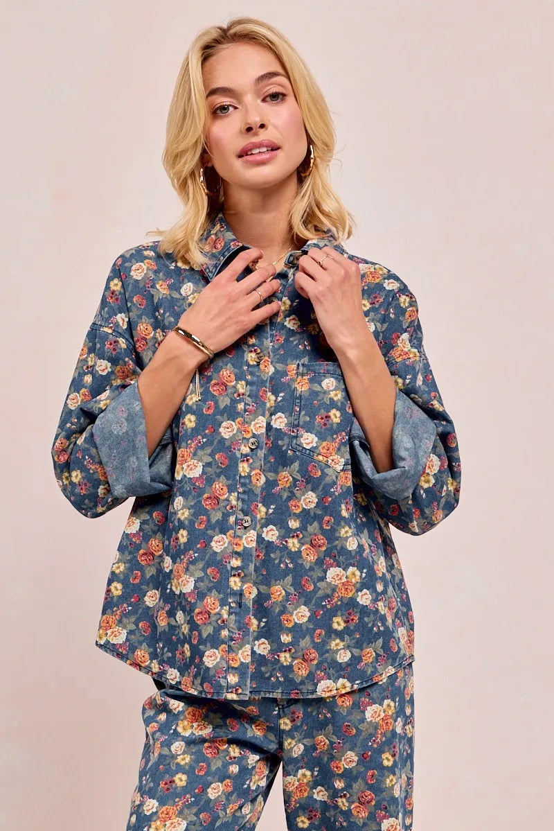 BiBi Washed Floral Print Denim Jacket - Fashorio