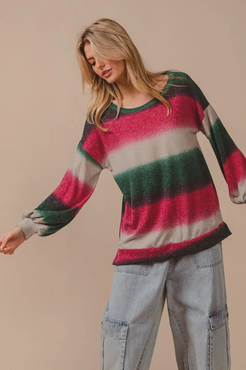 BiBi Striped Gradation Print Knit Top - Fashorio