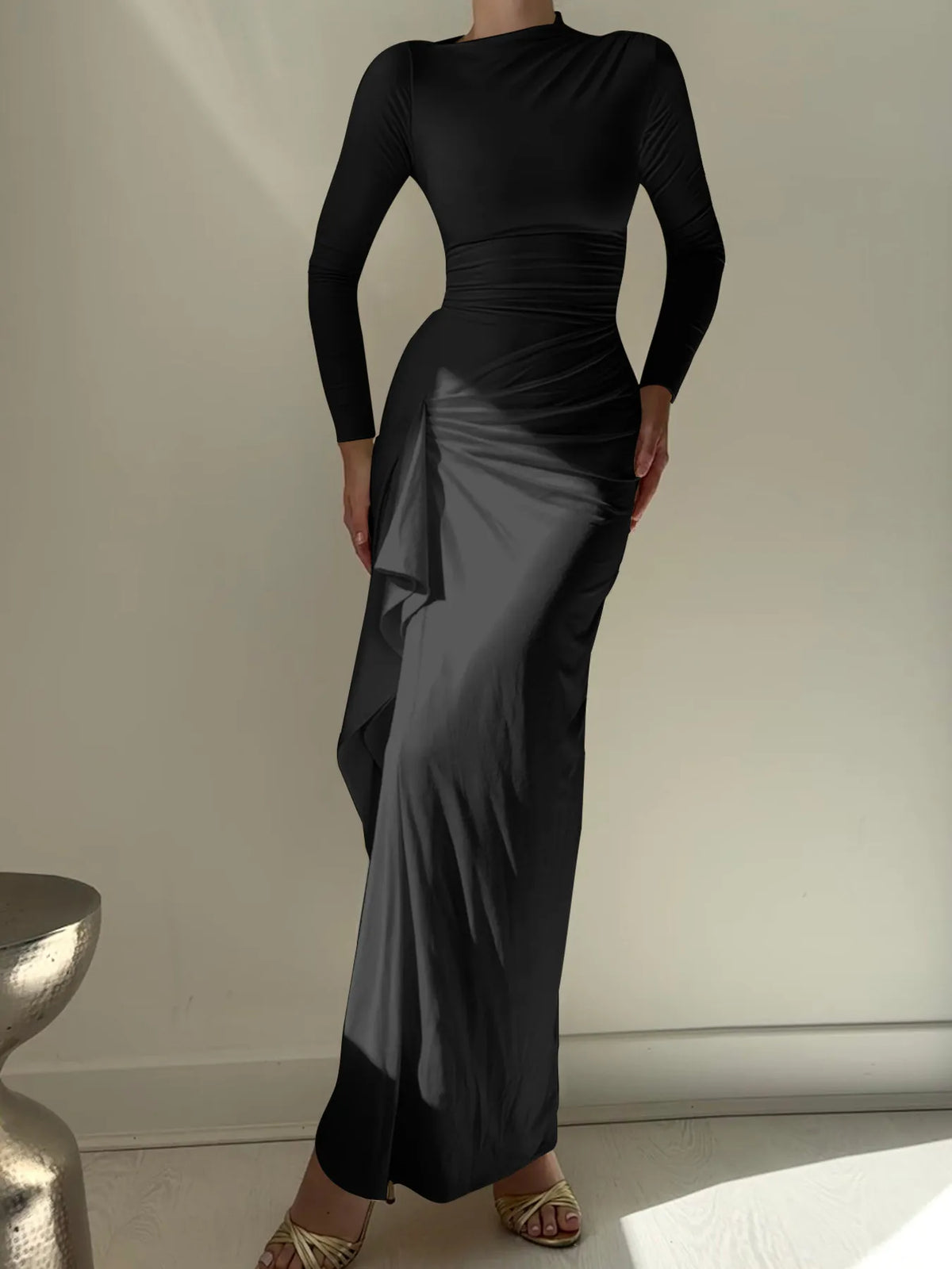 ruched long sleeve maxi dress fabric detail