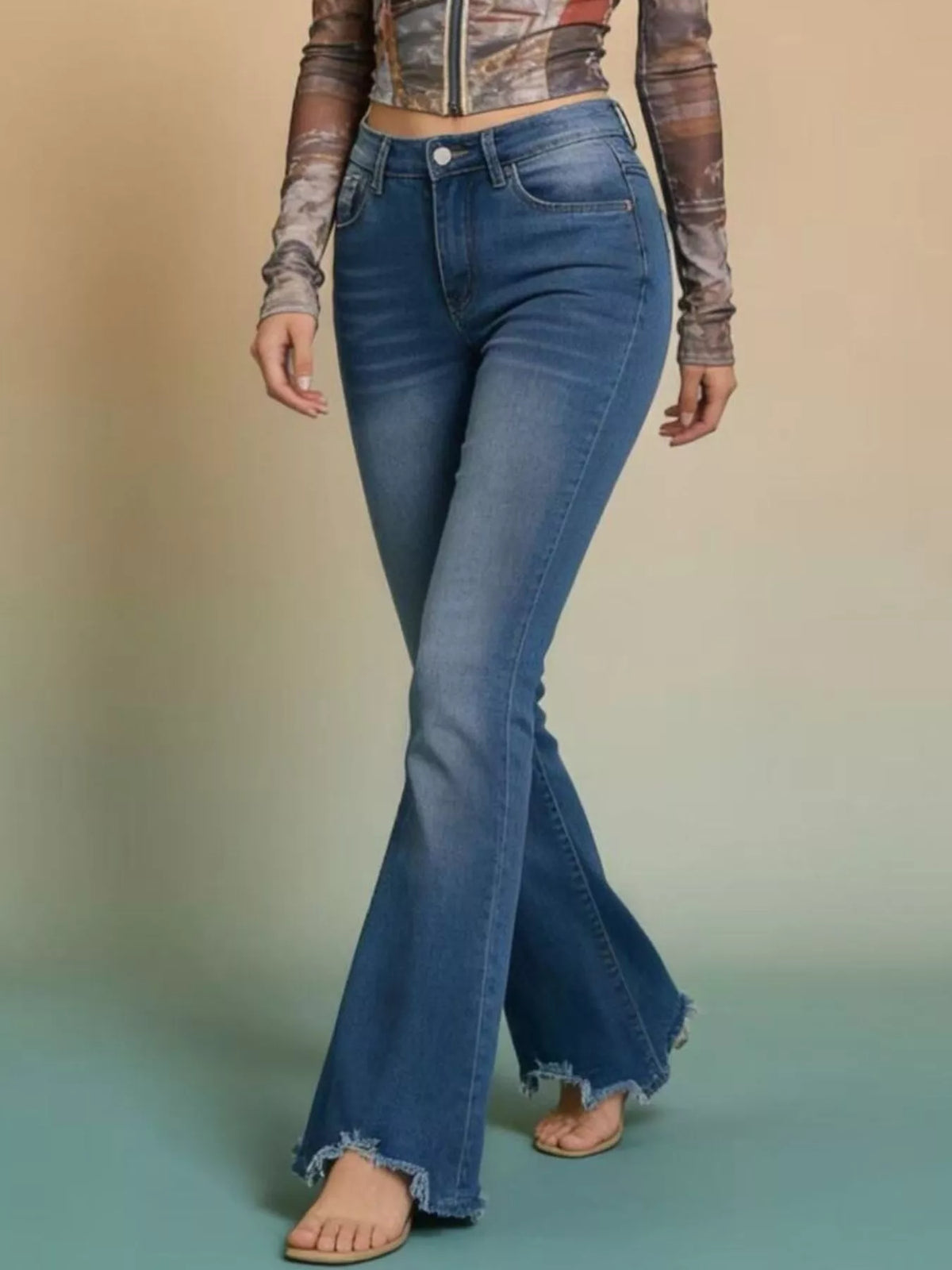 Raw hem flare denim detail