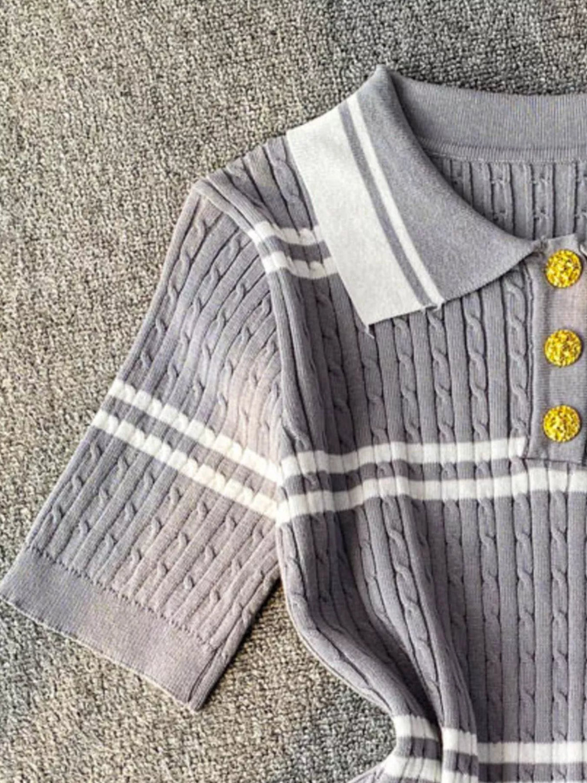 Striped knit polo collar top sleeve detail view