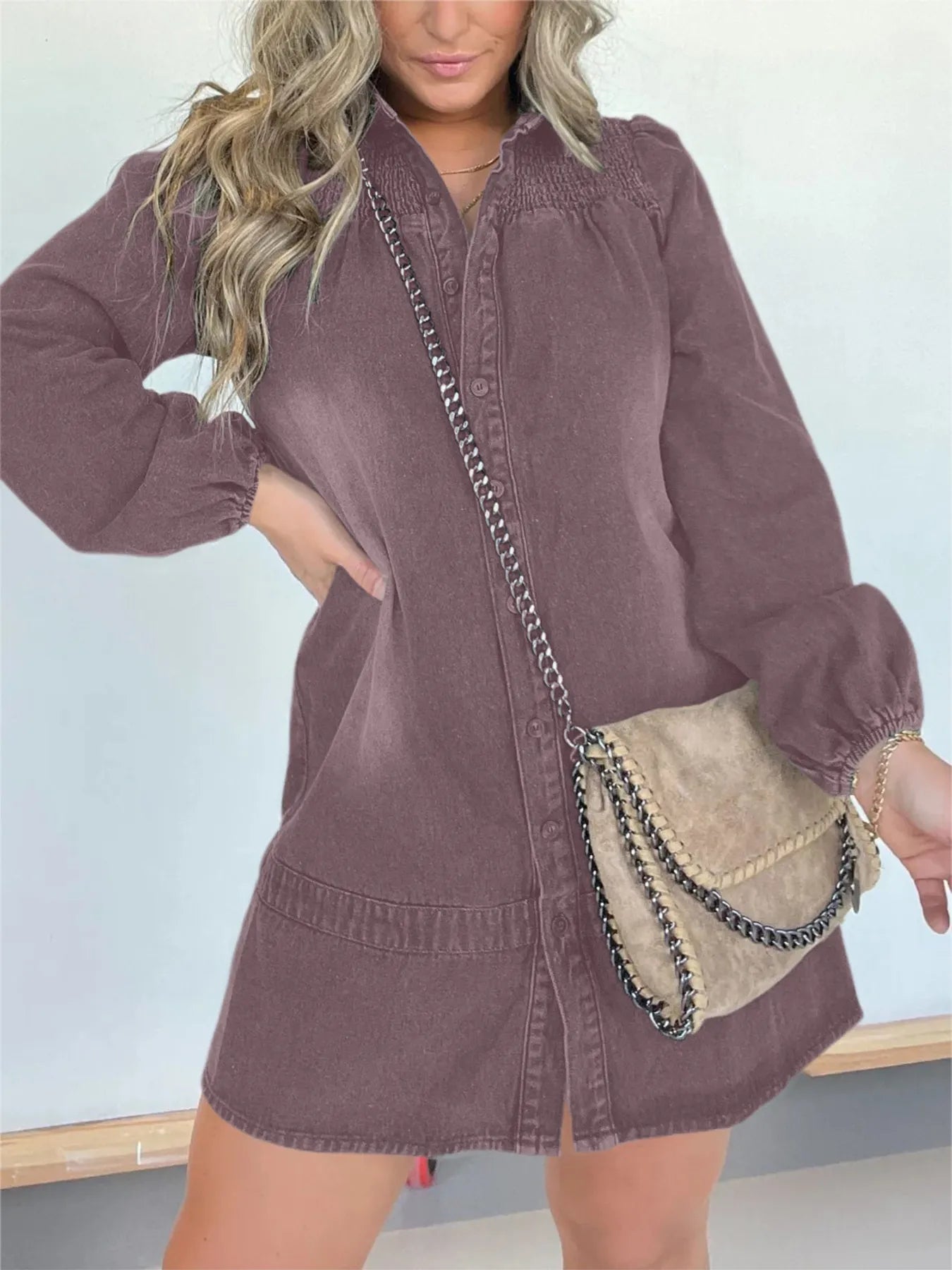 Full Size Button Front Long Sleeve Denim Dress Plus Size Gray Purple - Fashorio