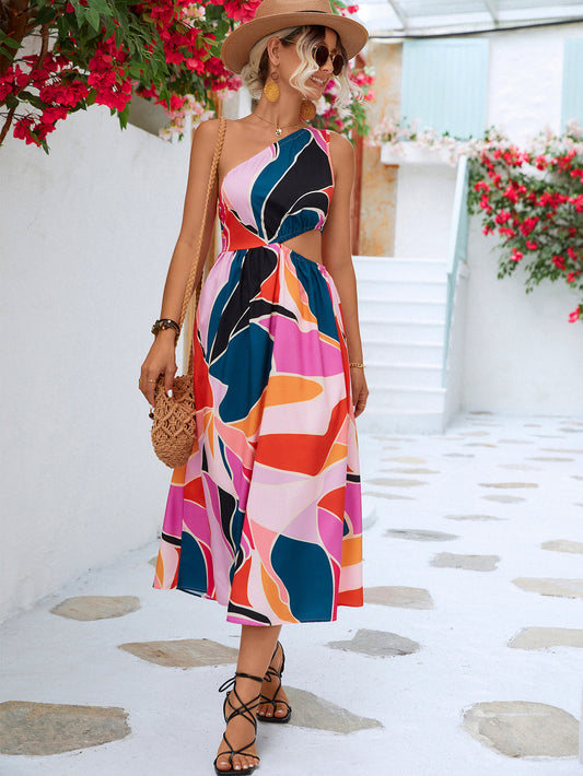 Printed Cutout One-Shoulder Sleeveless Dress Purple - Fashorio