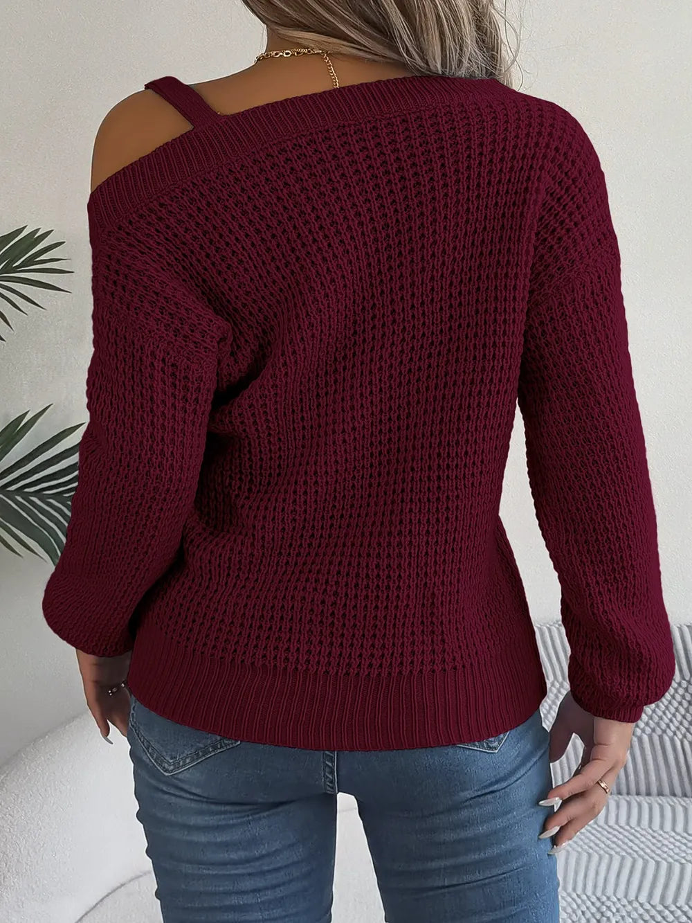 Asymmetrical Neck Long Sleeve Sweater - Fashorio