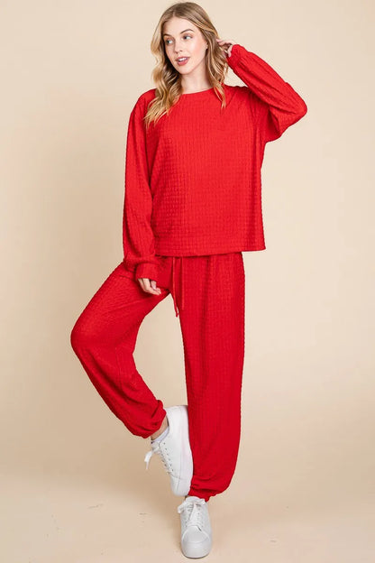 Super Lady Full Size Crinkle Check Round Neck Top and Pants Lounge Set - Fashorio