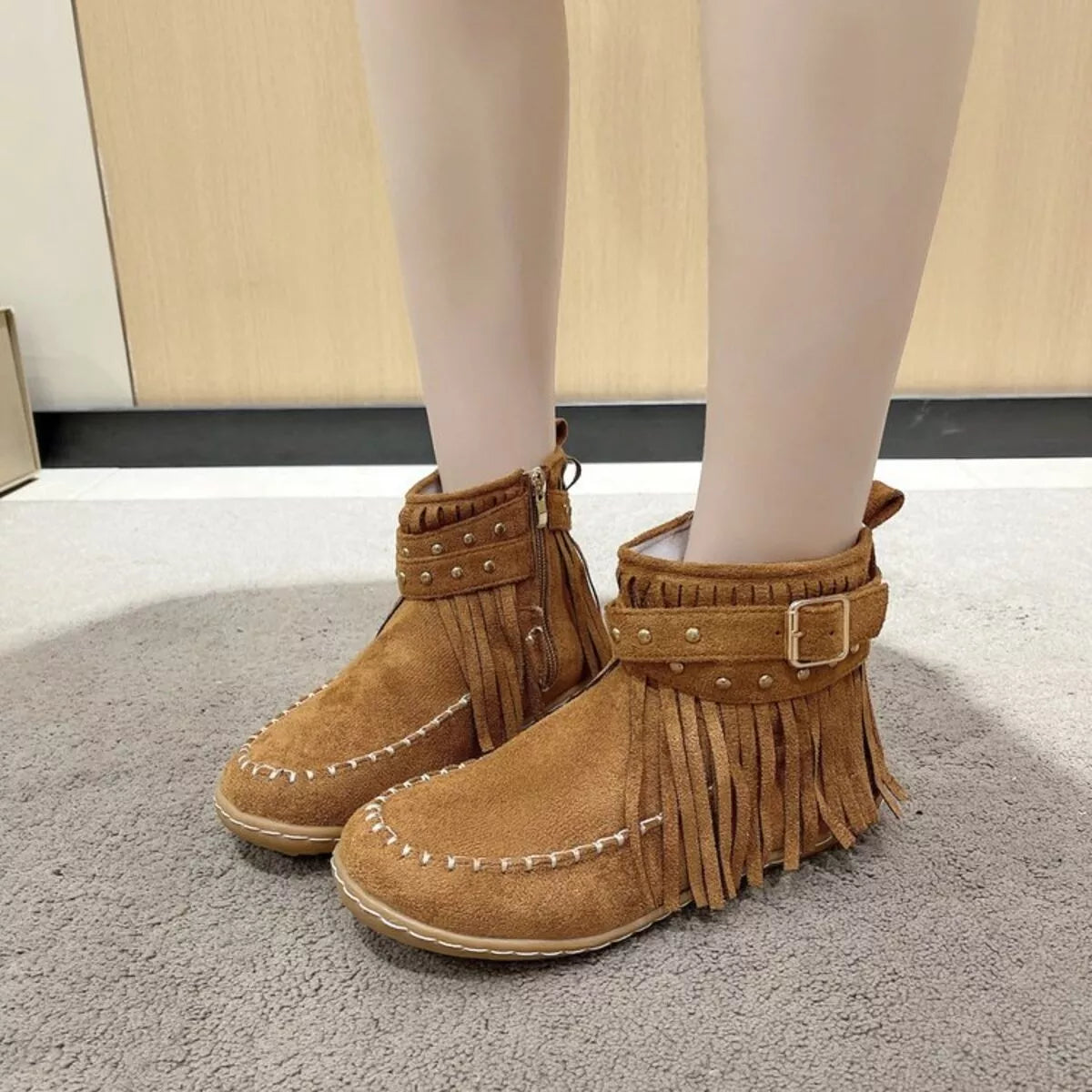 fringe round toe boots toe close up
