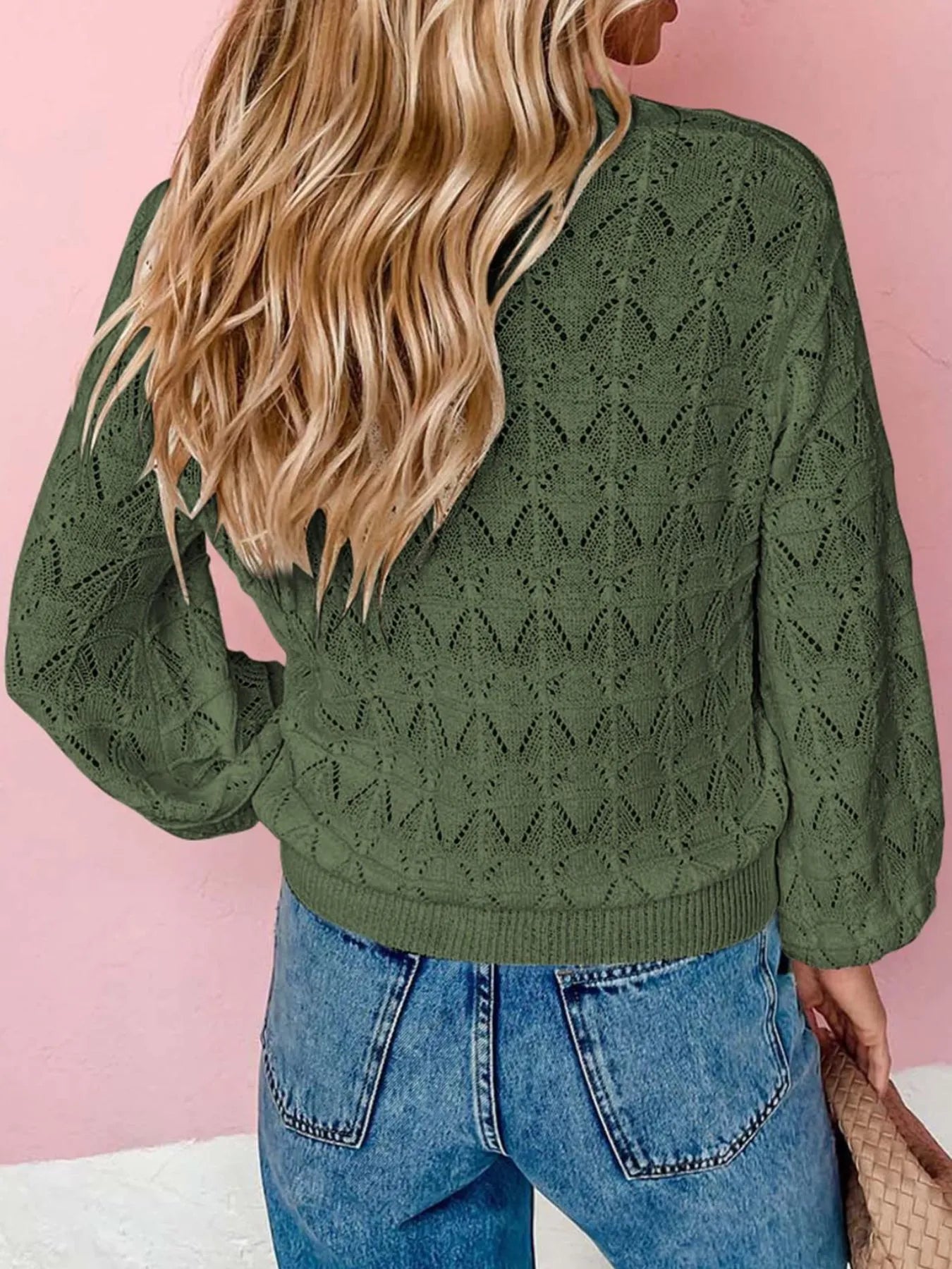 Openwork Button Up Cardigan Green - Fashorio
