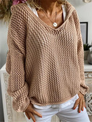 Openwork Hooded Long Sleeve Sweater Tan - Fashorio