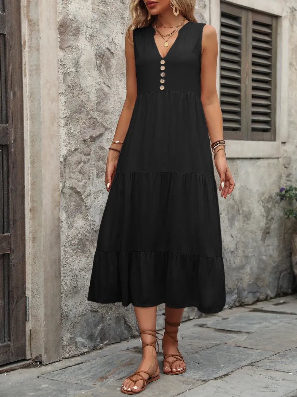 Ivy Lane Decorative Button Notched Sleeveless Dress - Fashorio