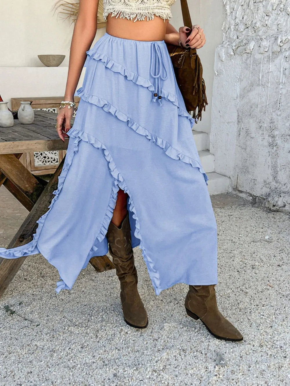 Slit Drawstring Ruffled Maxi Skirt, view 9