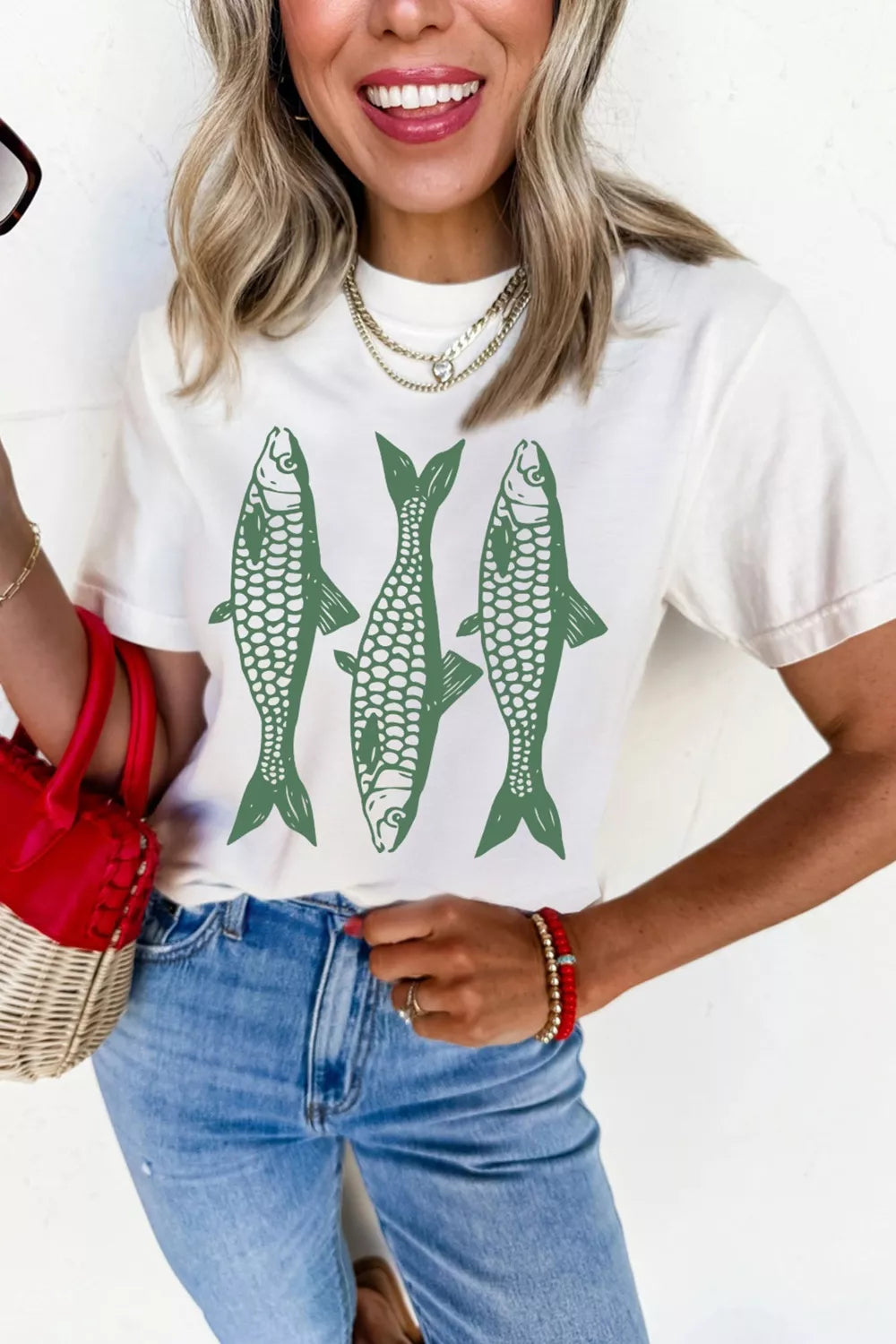 Fish graphic tee neckline detail