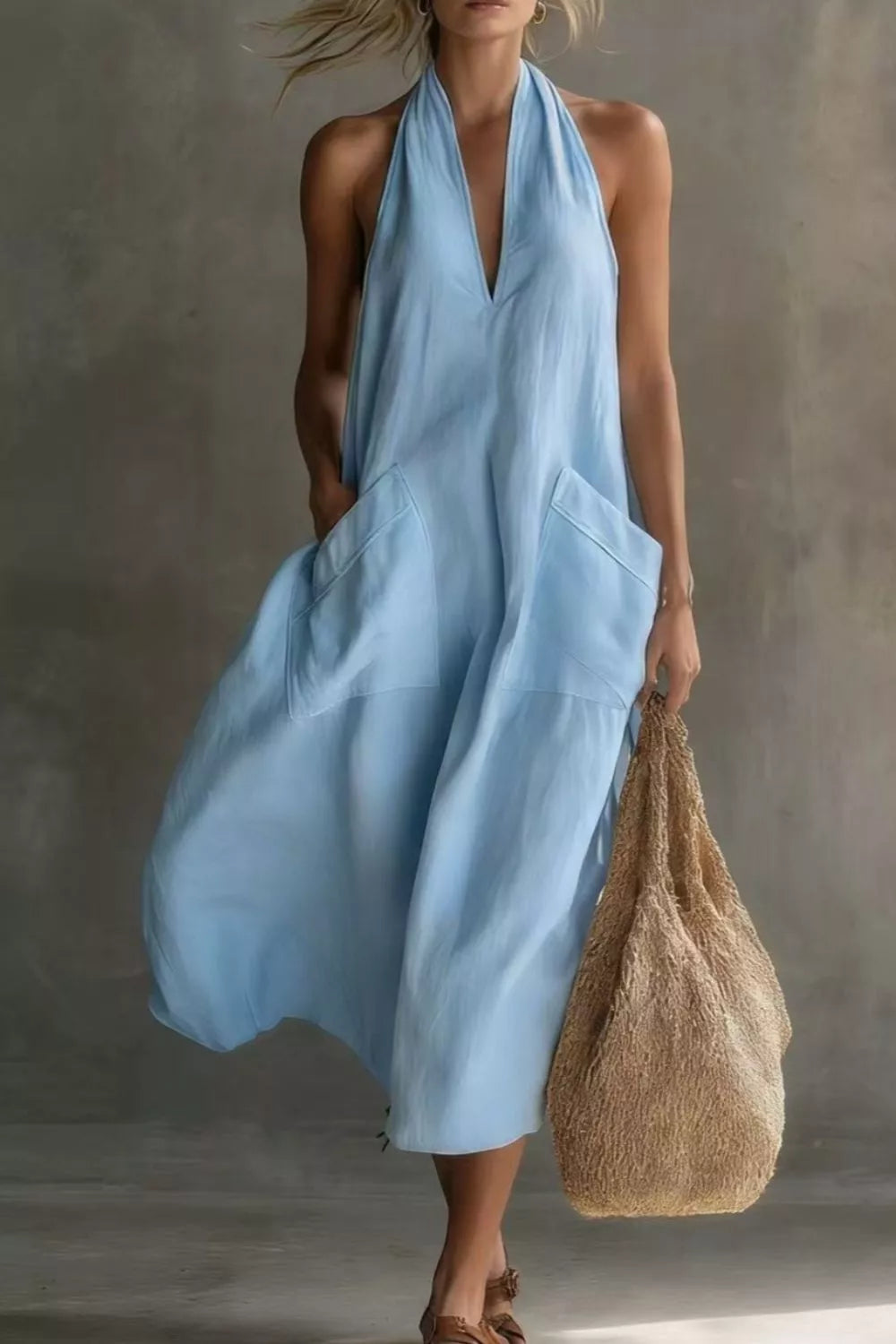 Halter neck pocket midi dress, front view