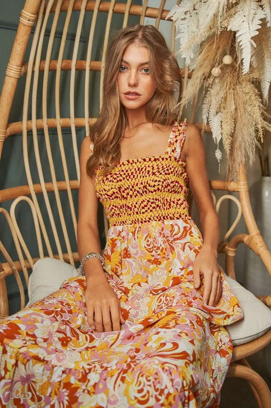 Smocked Geo Ruffle Strappy Midi Dress in Orange back view