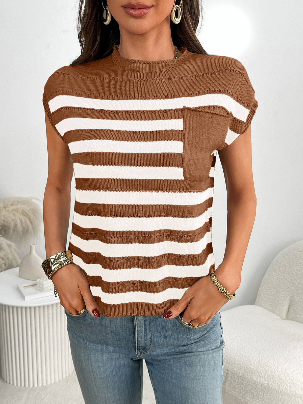 Cap sleeve striped pocket sweater in neutral tone