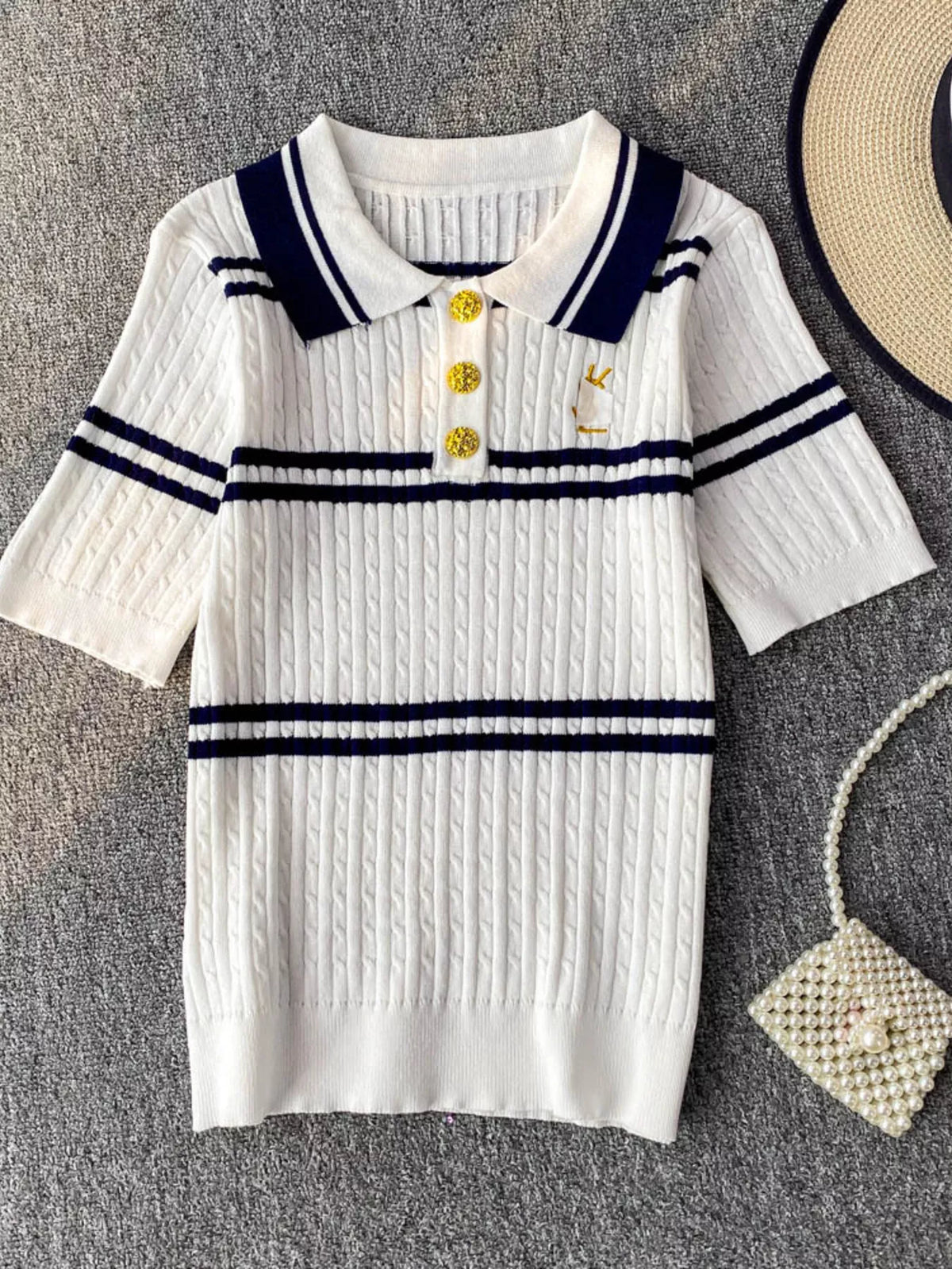 White striped knit polo collar top back view