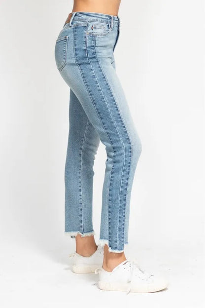 Judy Blue Vintage Wash Side Panel Fray Hem Slim Jeans – Plus Size - Fashorio