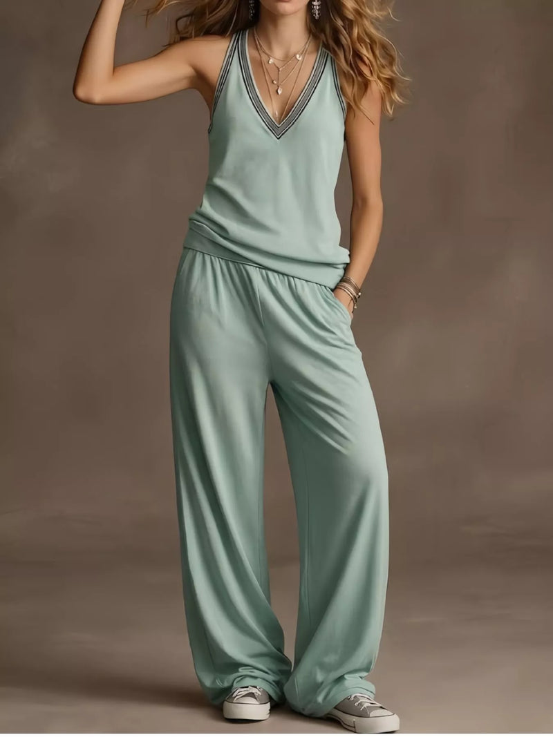 V neck tank top and wide leg pants matching set