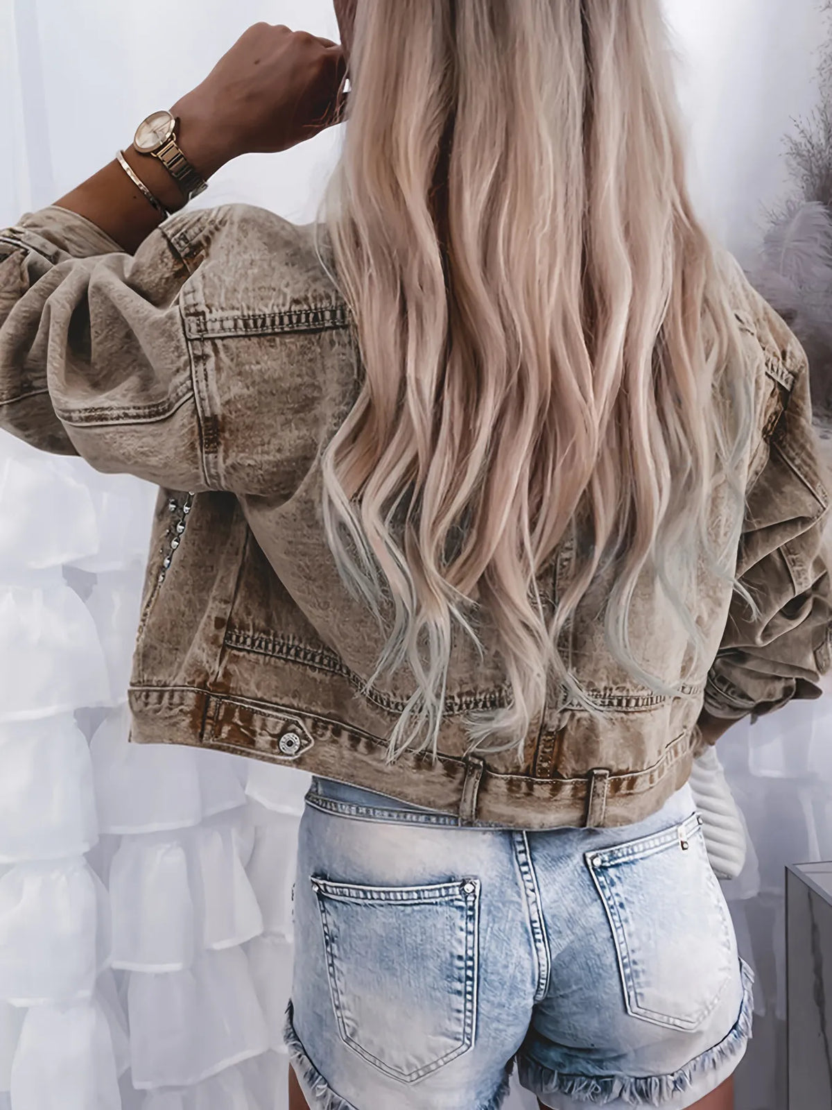 Studded Button Up Denim Jacket in Khaki detail
