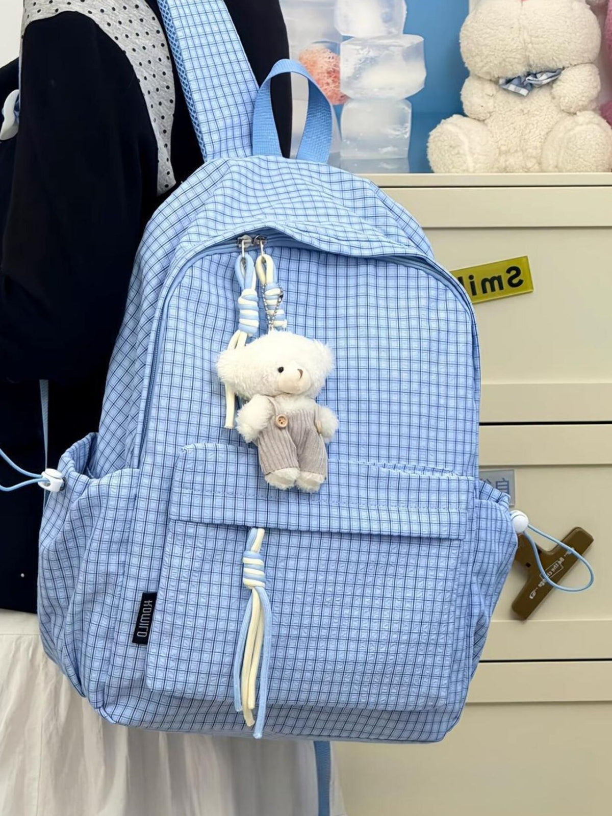 Plaid nylon backpack side profile