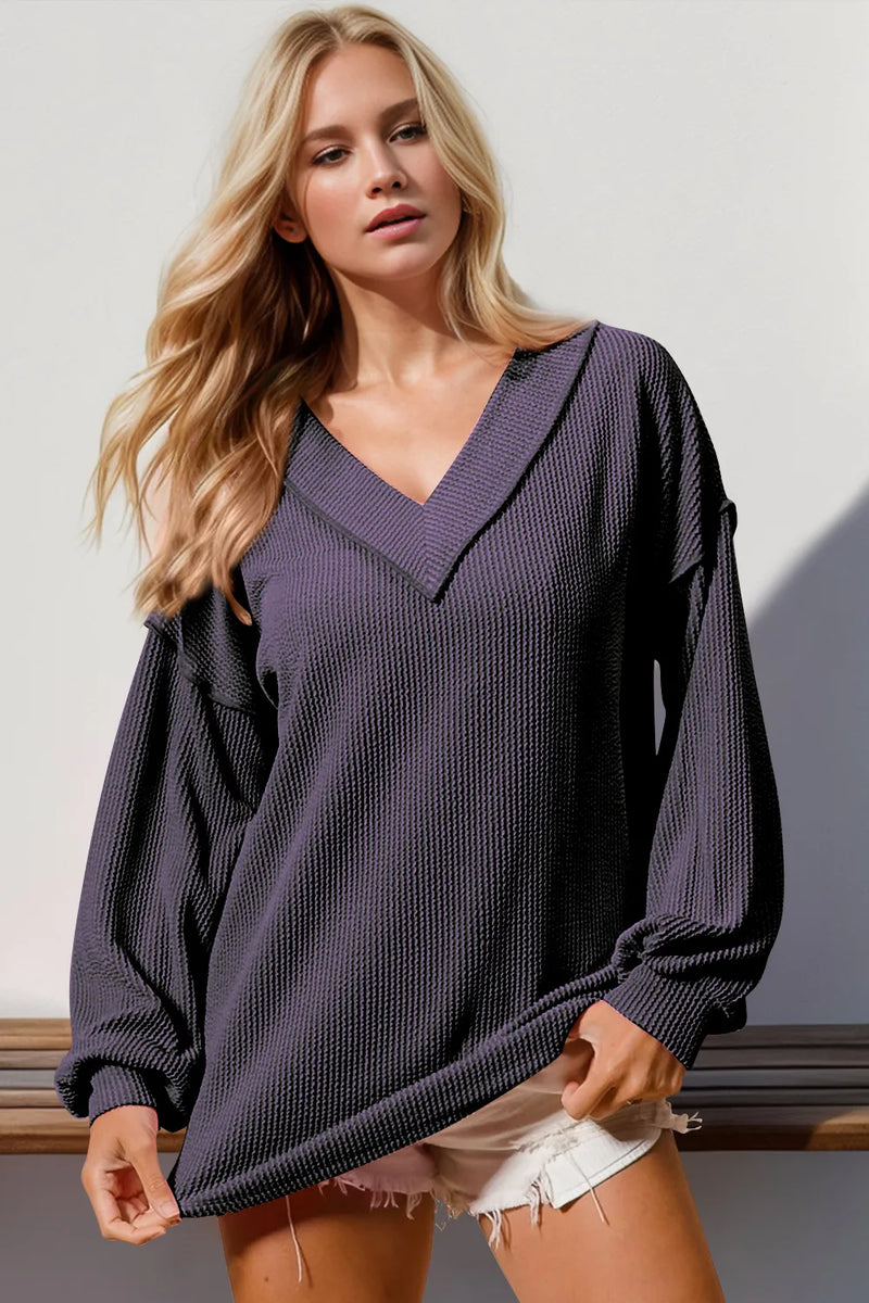 Ribbed v neck long sleeve tee front view