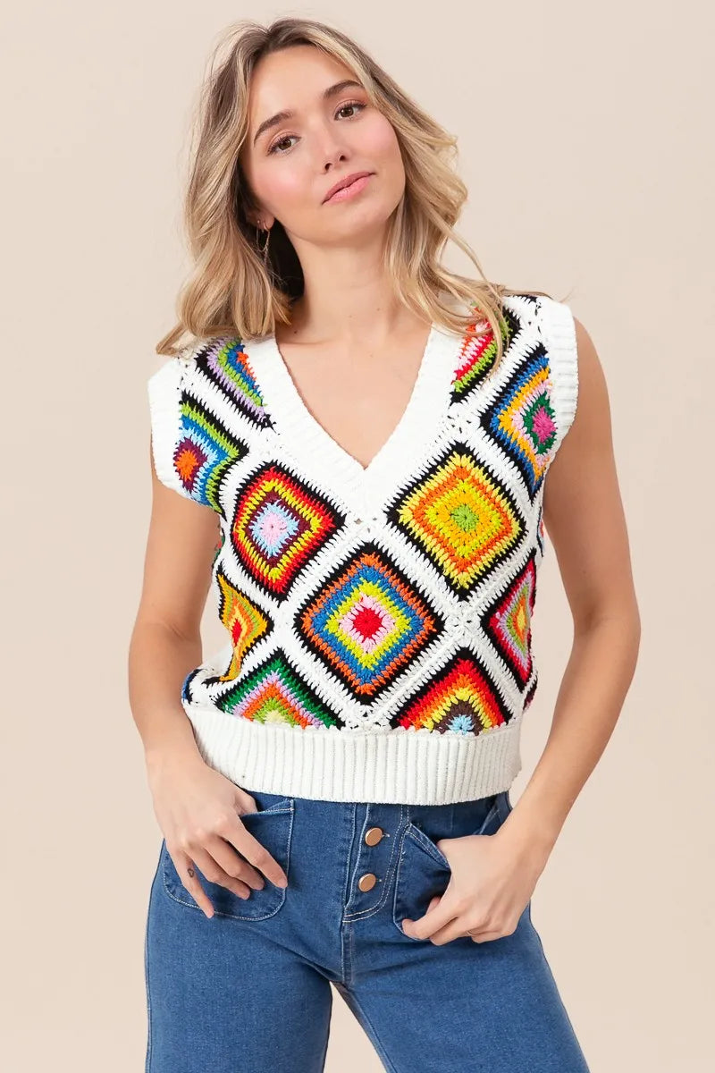 BiBi Diamond Granny Square Sweater Vest - Fashorio