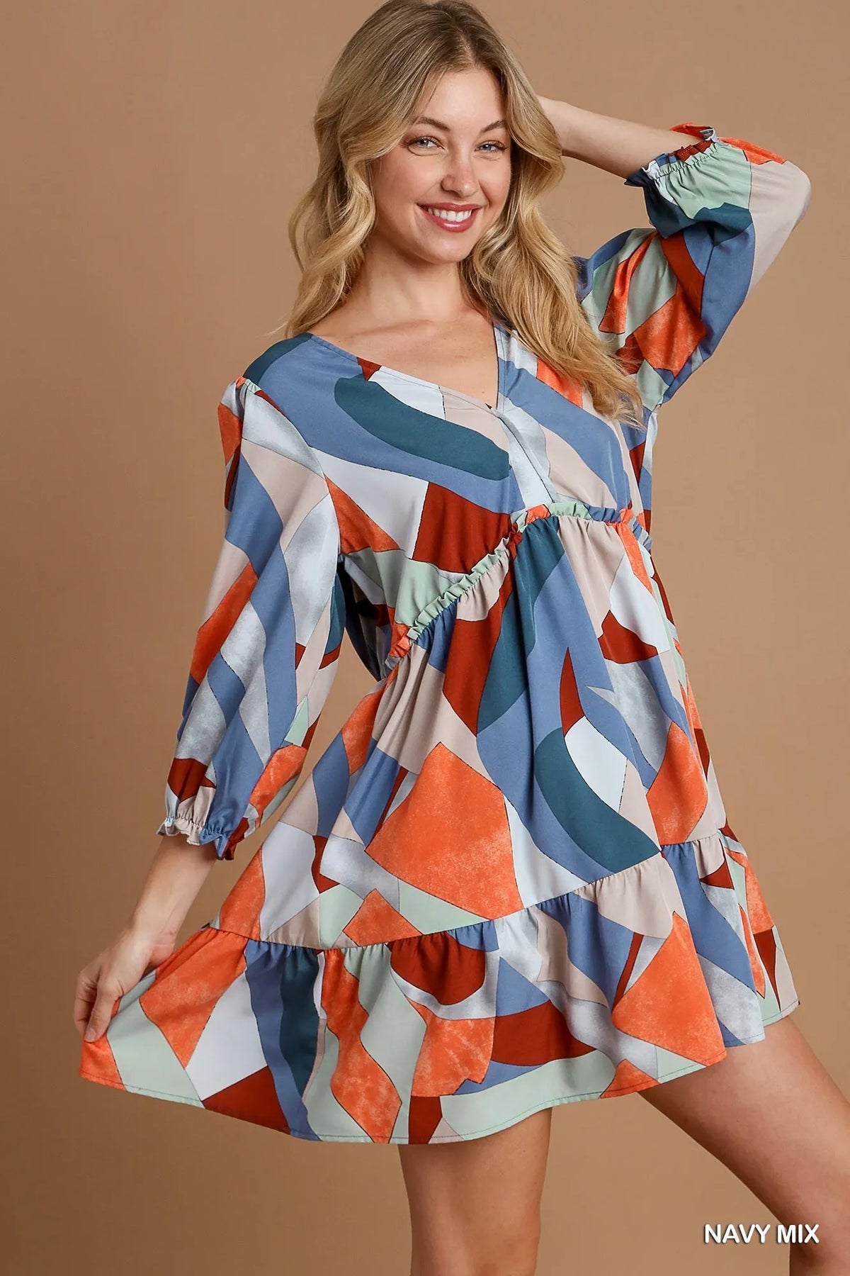 Abstract V Neck Tiered Printed Dress back view